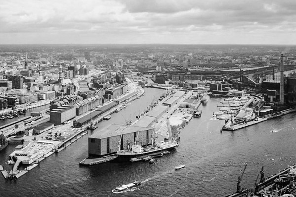 Aerial view of HafenCity before redevelopment