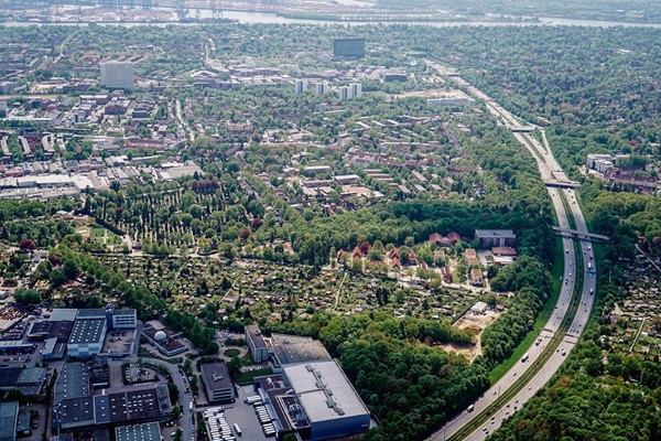 Aerial view of the motorway Autobahn A7 in 2016
