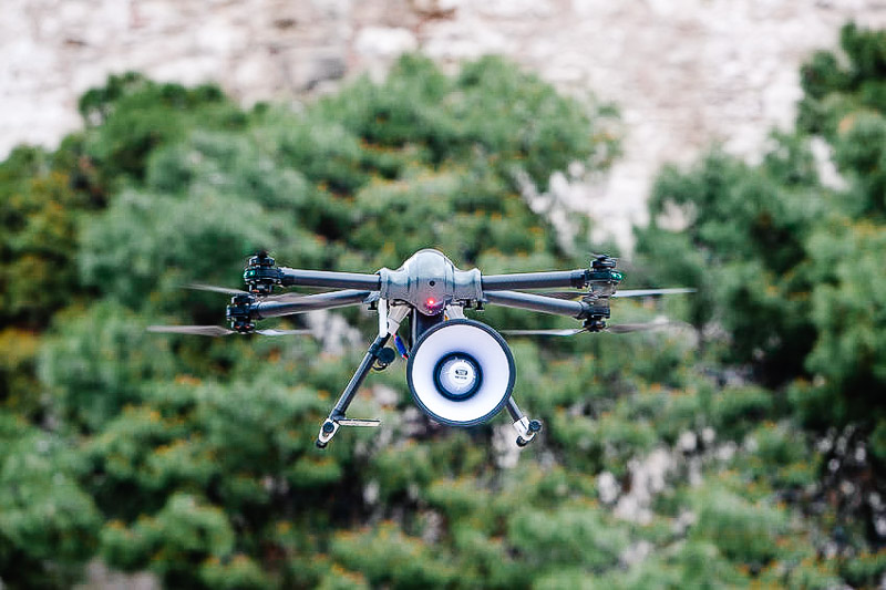 Drone with recorded message informs citizens of Thessaloniki in Greece to stay home to be protected from the coronavirus