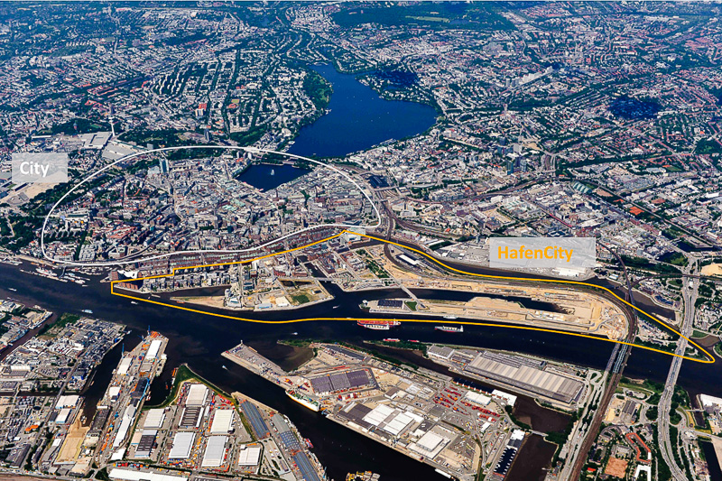 The extent of HafenCity next to the inner-city