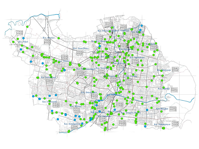 Locations of urban farming projects in Surabaya