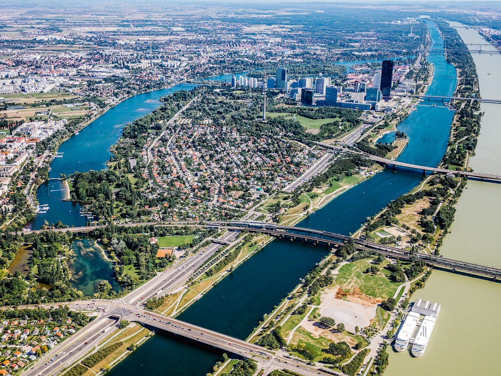 The New Danube, Danube Island and the old Danube River in Vienna